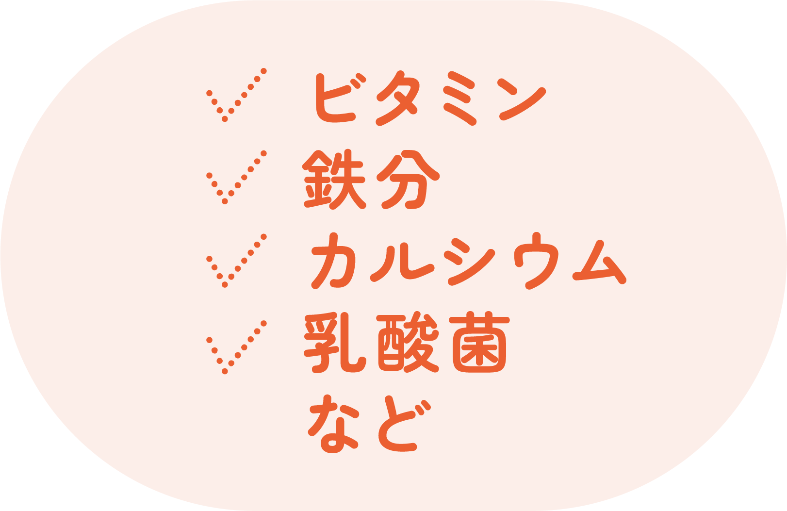 ビタミン、鉄分、カルシウム、乳酸菌など